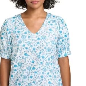 Draper JAMES Floral Blue  and White puff V Neck  Women's Top